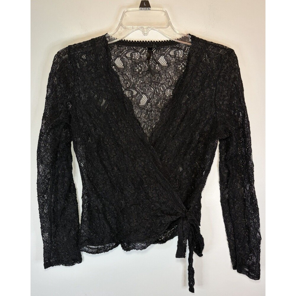 Kay Celine Black Lace Wrap Top LS Blouse Sheer Waist Tie Med Whimsigoth Romantic